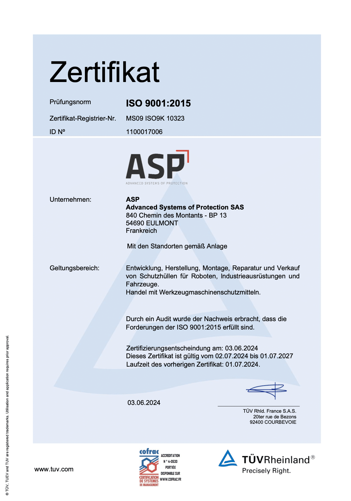Iso 9001-Zertifizierung, die das Unternehmen ASP Protection am 03.06.2024 erhalten hat. Das Dokument ist in weißer Schrift auf blauem Grund geschrieben.